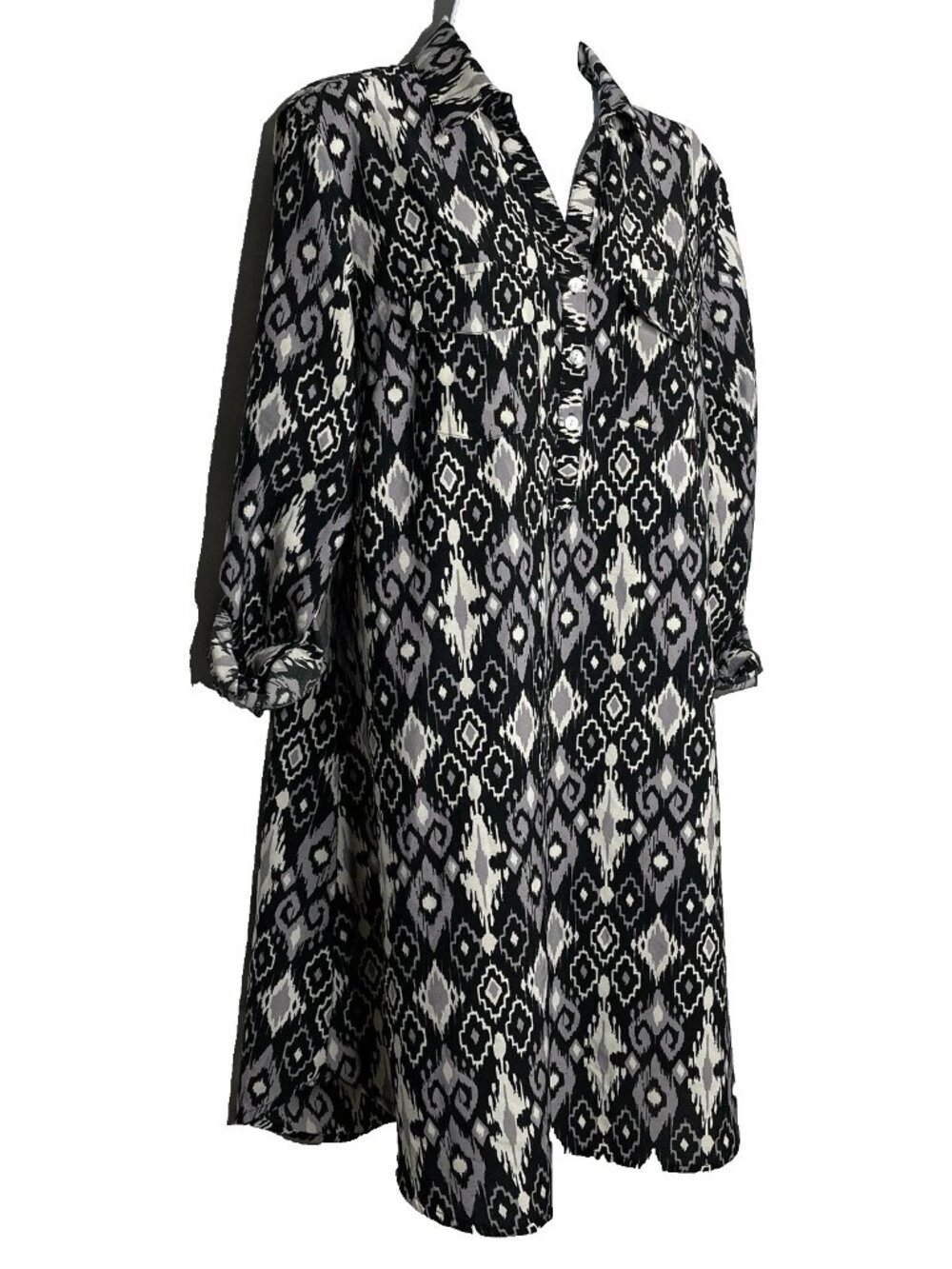 Roper Ikat Western Shirt Dress Size M Black Gray Southwestern Aztec Roll Tab - Picture 3 of 8